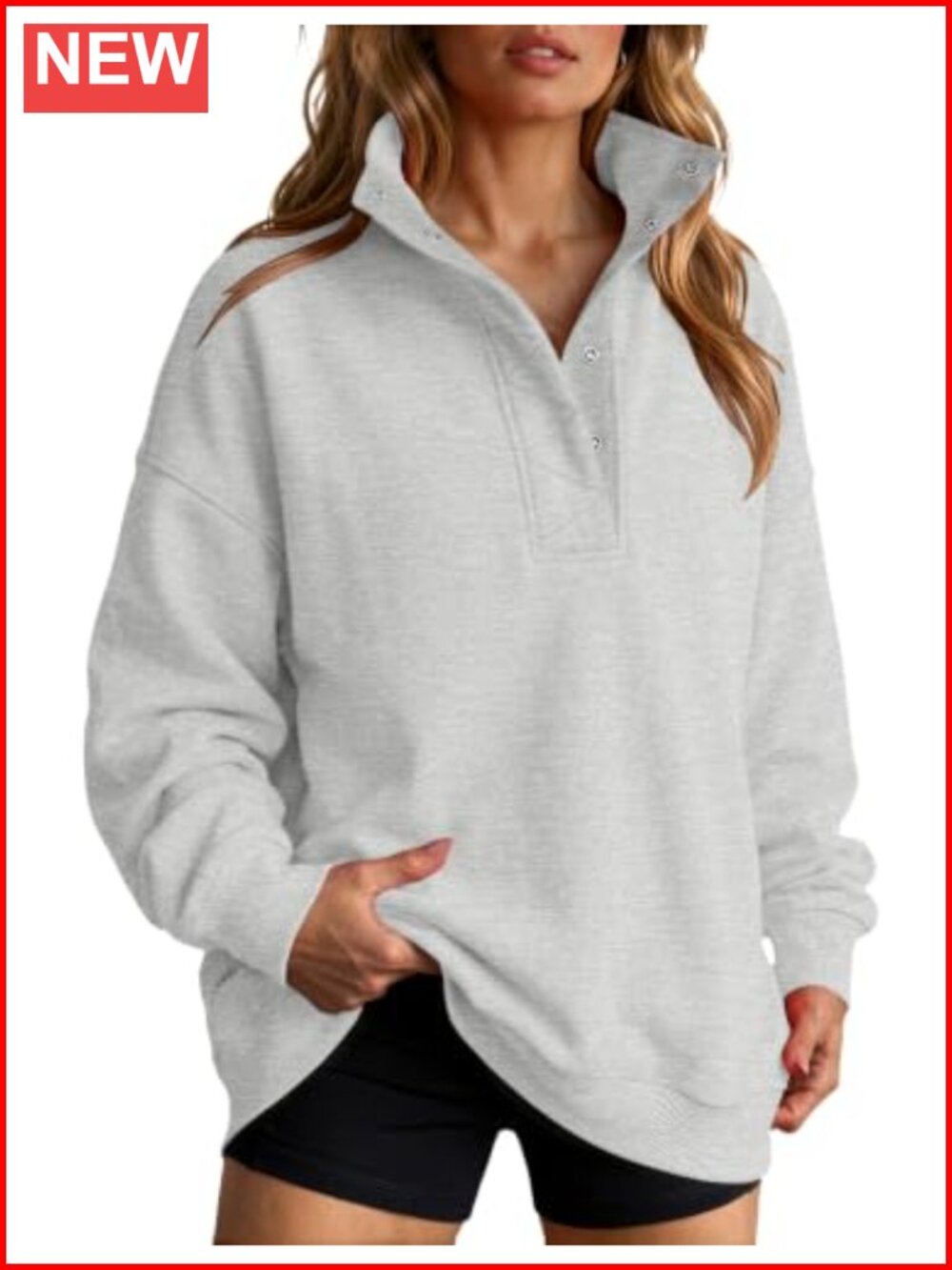 Women's Button Mock Neck Pullover Sweatshirt Oversized Long Sleeve Cotton Blend
